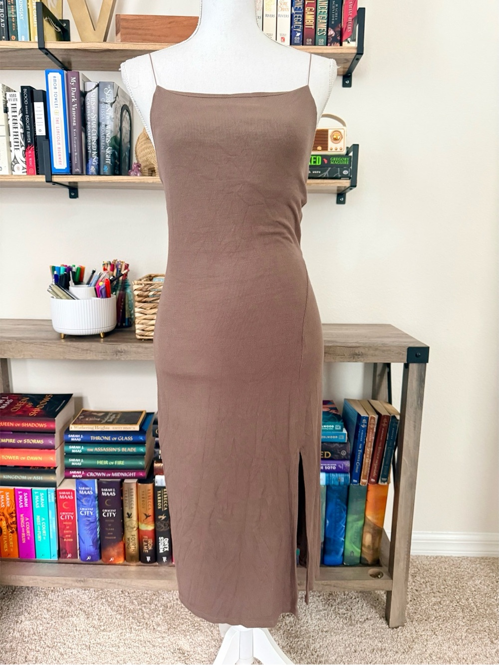 Joah Brown Slim Slip Midi Dress in Chocolate Brown